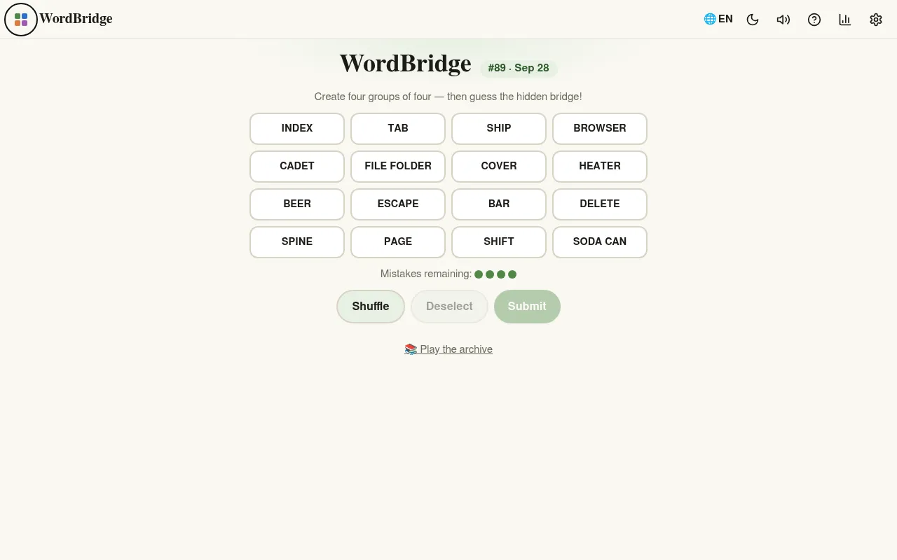 WordBridge #89 on Zalize for September 28: a four by four grid of words including Index, Tab, Ship, Browser, Spine and Soda Can, with four mistakes remaining and Shuffle and Submit buttons