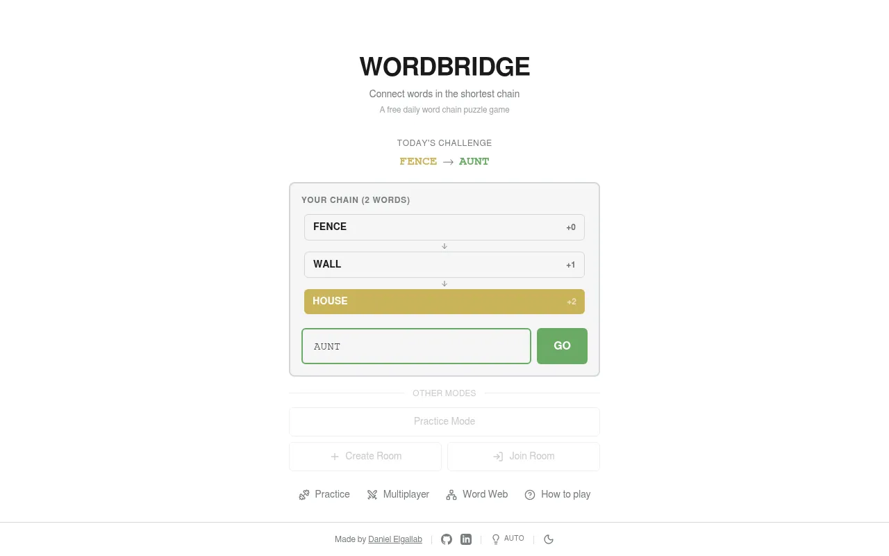WordBridge's daily challenge FENCE to AUNT with a chain of FENCE, WALL and HOUSE built so far