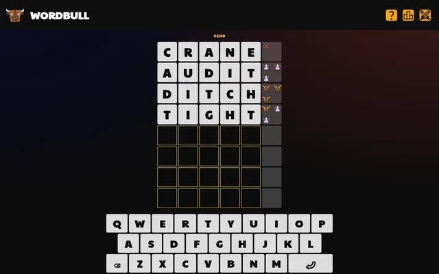 Wordbull daily #1140 on desktop: CRANE scored a cross, AUDIT three cows, DITCH three bulls and TIGHT one bull and two cows, with four rows left