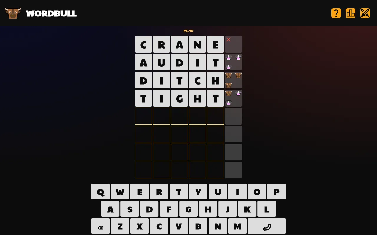 Wordbull daily #1140 on desktop: CRANE scored a cross, AUDIT three cows, DITCH three bulls and TIGHT one bull and two cows, with four rows left