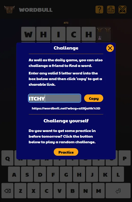 Wordbull Challenge panel: enter a five-letter word to make a shareable link, and a Practice button
