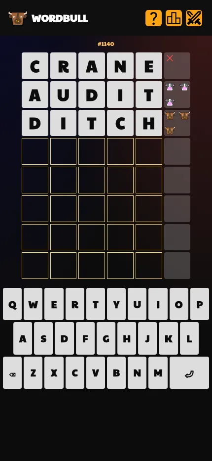 Wordbull daily #1140 at phone size: three guesses with their bull and cow icons and the on-screen keyboard below the grid