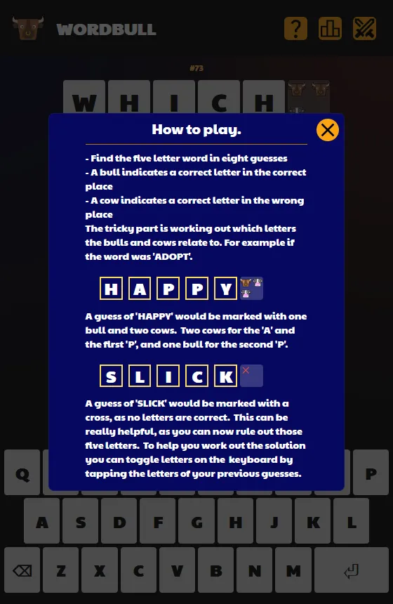Wordbull How to play panel explaining bulls and cows with the examples HAPPY and SLICK