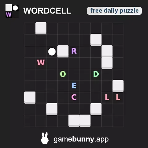 A Wordcell board: a white ball on a dark grid with white wall blocks and the coloured letters W, O, R, D, C, E, L, L