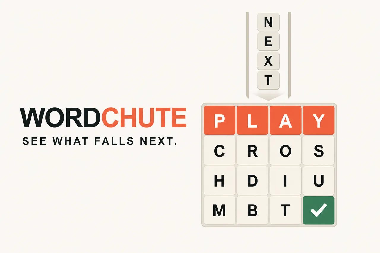 The Wordchute card: letters falling from a chute into a 4x4 board with the word PLAY highlighted
