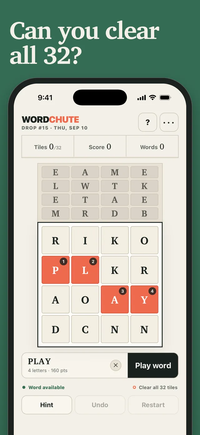 Wordchute drop #15 on a phone: a 4x4 letter board under the chute of waiting letters, with P, L, A, Y picked to play the word PLAY (App Store screenshot)