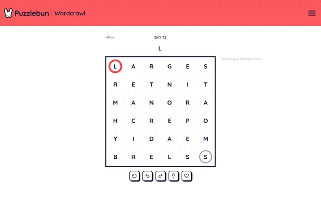 Puzzlebun Wordcrawl Day 72: a 6x6 letter grid with the start L circled in red at the top left and the end S circled at the bottom right, with reset, undo, redo, hint and like buttons