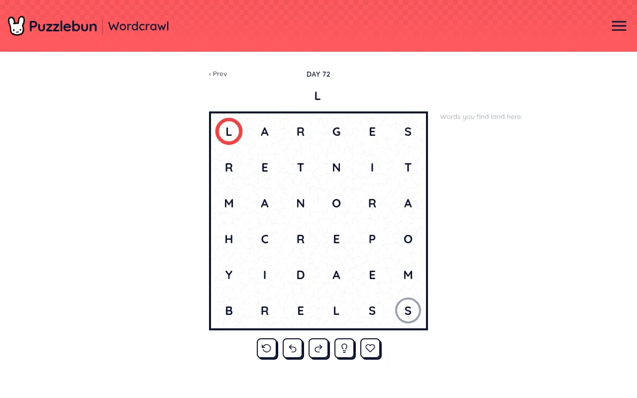 Puzzlebun Wordcrawl Day 72: a 6x6 letter grid with the start L circled in red at the top left and the end S circled at the bottom right, with reset, undo, redo, hint and like buttons