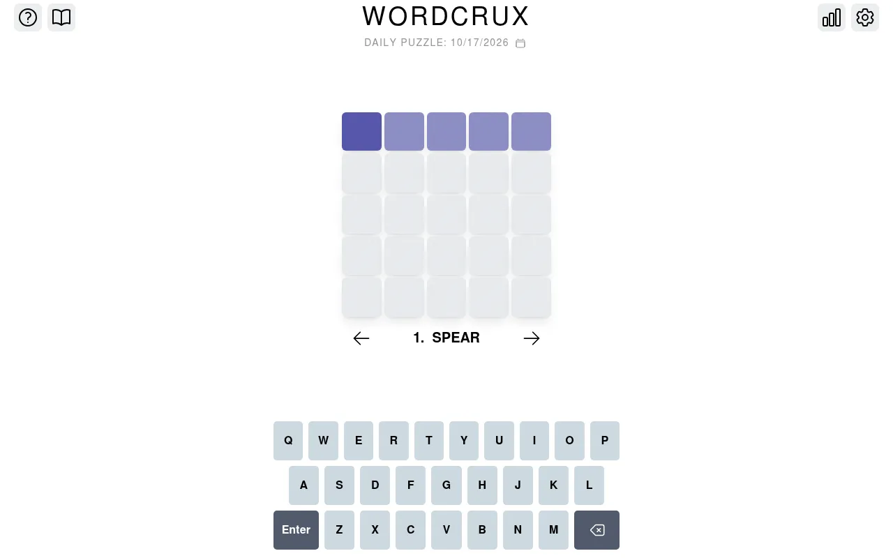 Wordcrux's daily puzzle for 17 October 2026: an empty five by five grid with the first clue, Spear, and the on-screen keyboard