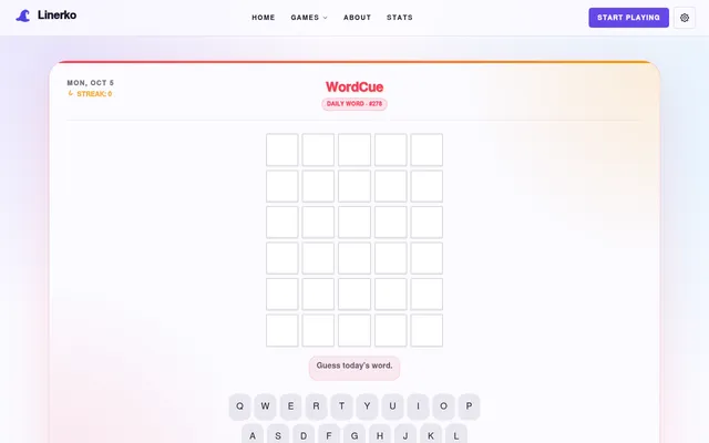 WordCue on Linerko, Daily Word #278 for Mon, Oct 5: six empty rows of five tiles, Guess today's word, and an on-screen keyboard