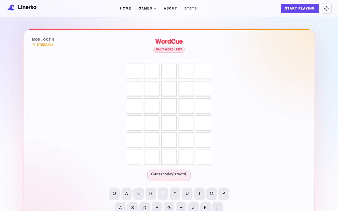 WordCue on Linerko, Daily Word #278 for Mon, Oct 5: six empty rows of five tiles, Guess today's word, and an on-screen keyboard