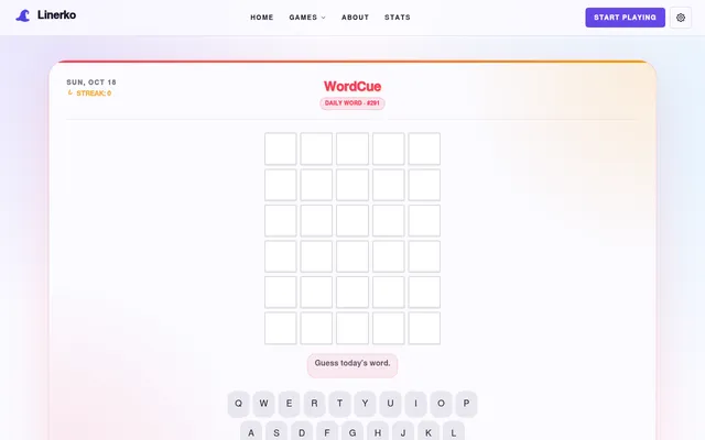 WordCue on Linerko at desktop size, Daily Word #291 for Sun, Oct 18: six empty rows of five tiles above the on-screen keyboard
