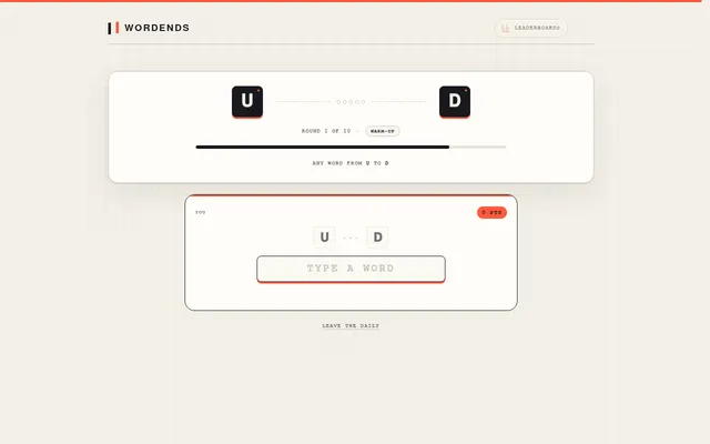 Wordends Daily on 19 Oct 2026, round 1 of 10: the letters U and D, a 30-second bar and the box to type a word from U to D