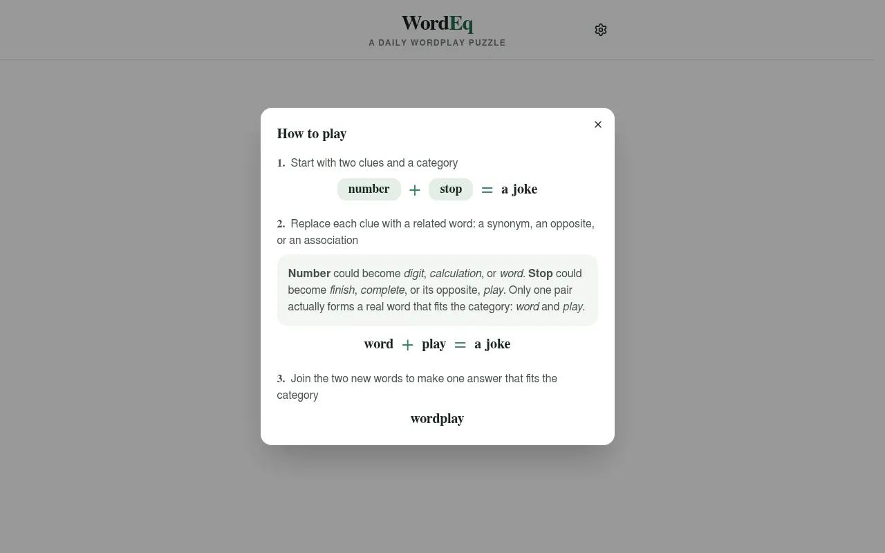 WordEq's How to play card: number + stop = a joke becomes word + play, giving the answer wordplay