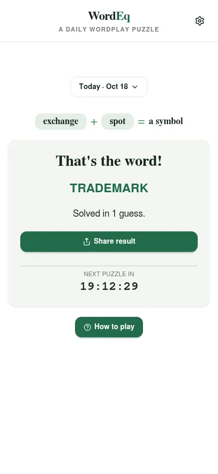 WordEq on a phone, 18 October: exchange + spot = a symbol, solved as TRADEMARK, with Share result and a countdown to the next puzzle