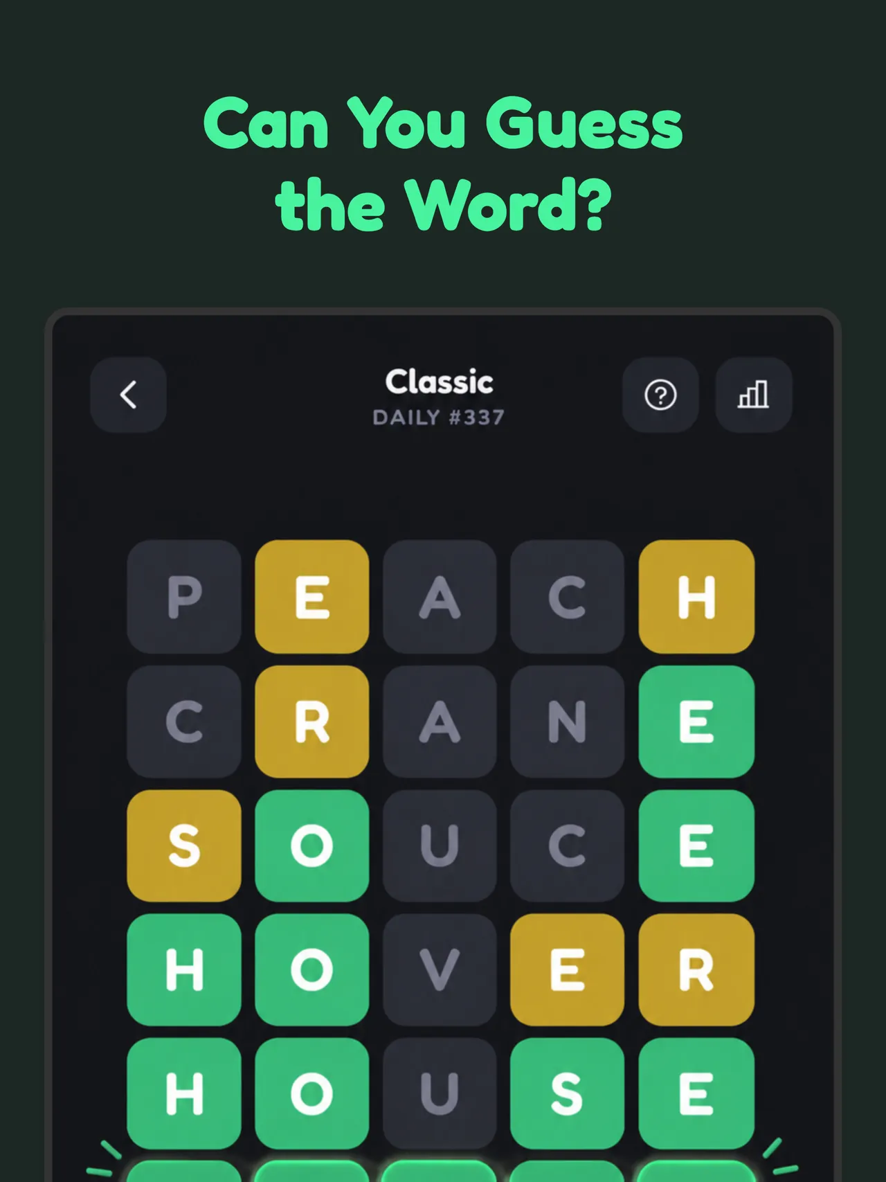Worder Classic daily number 337 with five coloured guesses ending in HOUSE