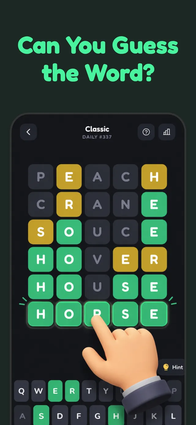Worder Classic daily #337 board on a phone, solved in six guesses ending in HORSE, from the App Store listing