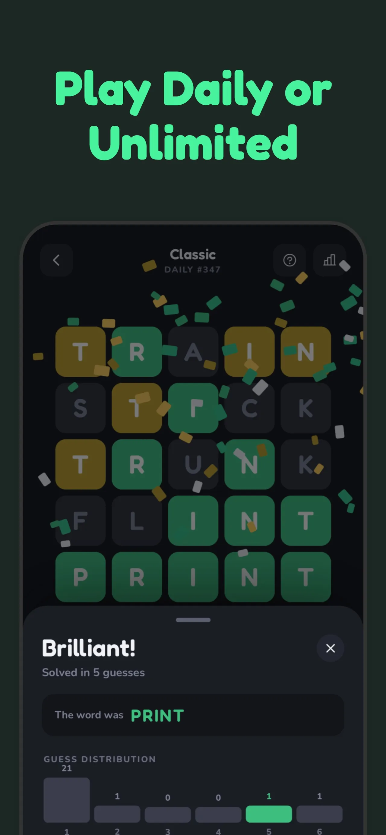 Worder Classic daily #347 solved in five guesses, with confetti and the results sheet