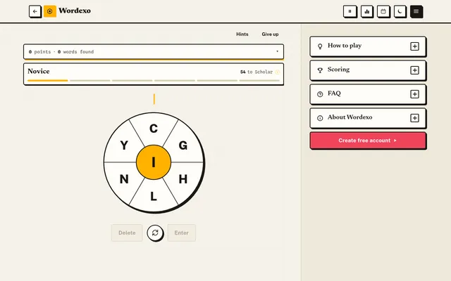 Wordexo on Greatest Games: the day's wheel of seven letters with I in the centre and C, G, H, L, N and Y around it, 0 points and the Novice rank