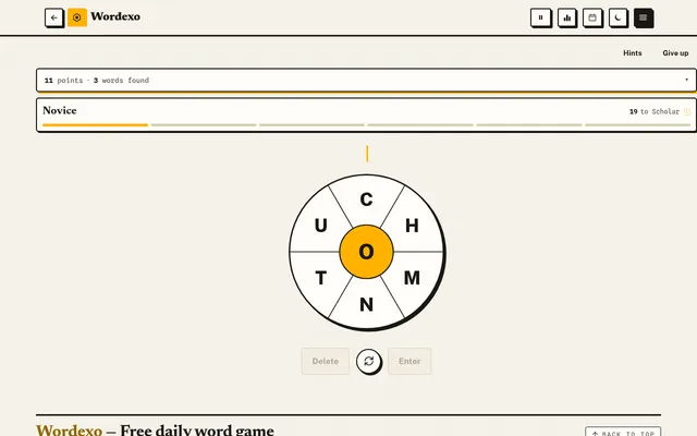 Wordexo on desktop, 20 Oct 2026: the day's wheel with O in the centre and C, H, M, N, T, U around it, 11 points and 3 words found at Novice rank