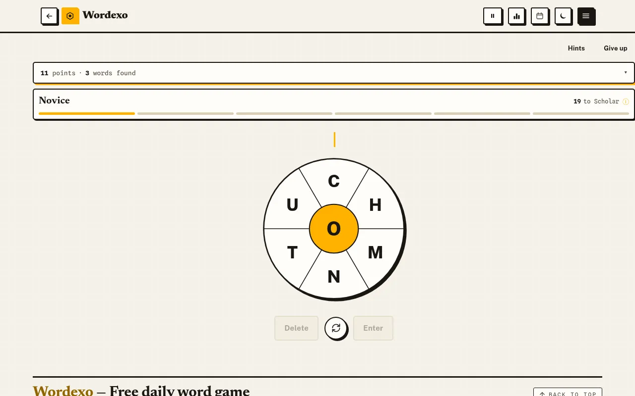 Wordexo on desktop, 20 Oct 2026: the day's wheel with O in the centre and C, H, M, N, T, U around it, 11 points and 3 words found at Novice rank