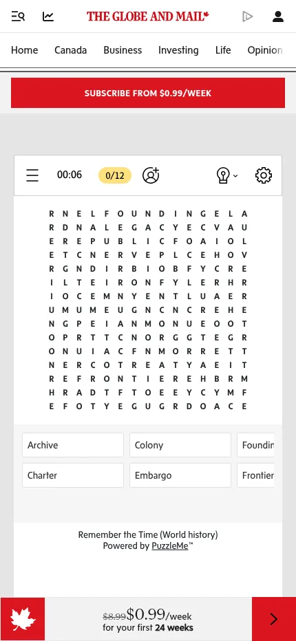 Wordfinder on a phone: the 17 October 2026 grid of letters with its timer, 0 of 12 words found and the start of the word list