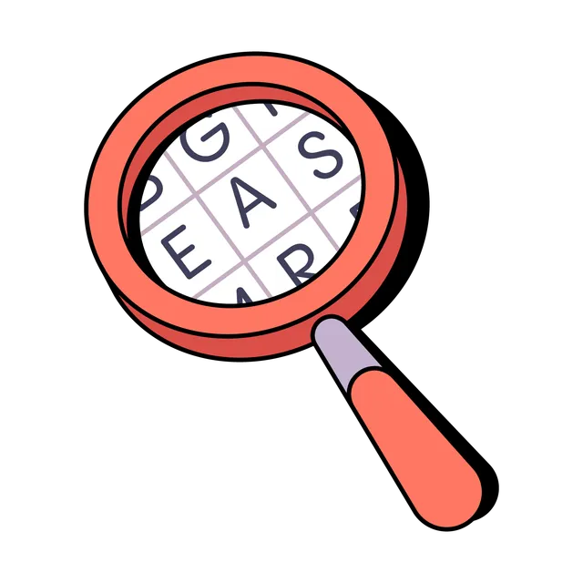 The Wordfinder illustration: a magnifying glass over a grid of letters