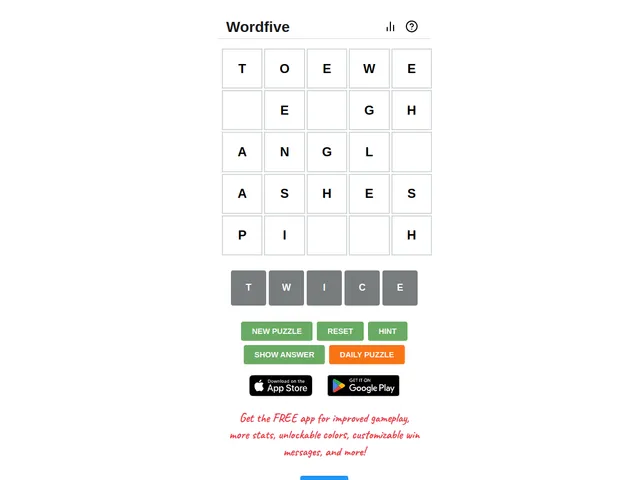 Wordfive grid of letters with five loose tiles O F T E N below and New Puzzle, Hint and Daily Puzzle buttons