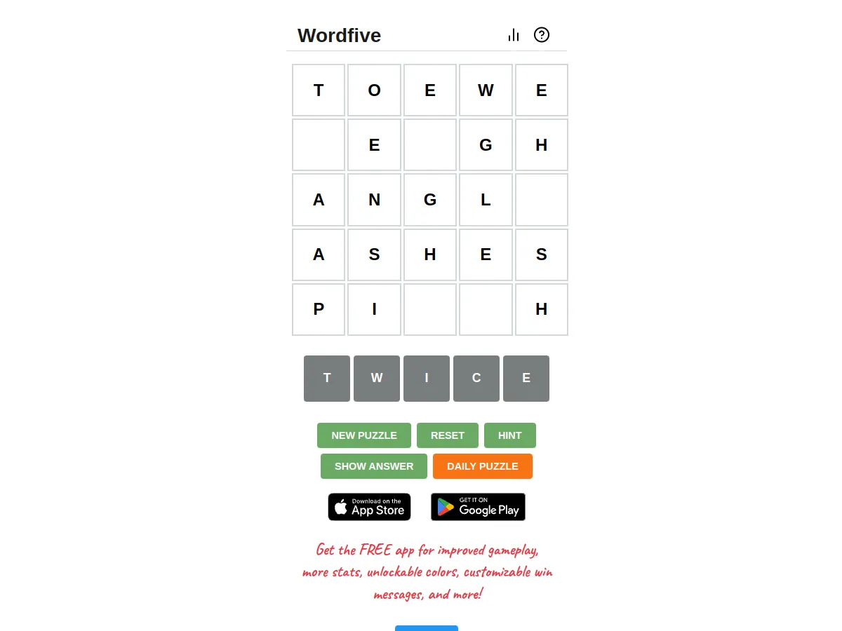 Wordfive grid of letters with five loose tiles O F T E N below and New Puzzle, Hint and Daily Puzzle buttons