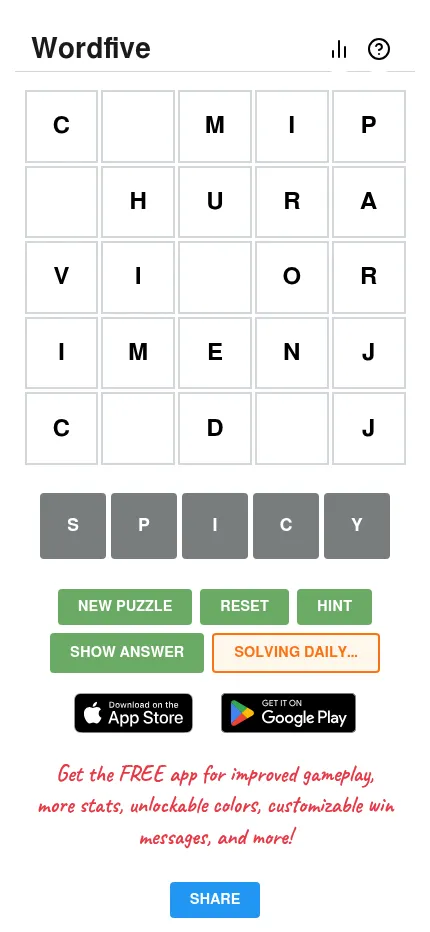 The same Wordfive Daily Puzzle on a phone: the 5x5 grid, the tiles S, P, I, C, Y and the Hint, Reset and Share buttons