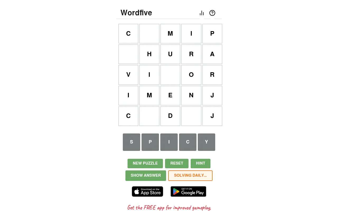 Wordfive Daily Puzzle for 18 October 2026 on a desktop: a 5x5 letter grid with five blank squares and the loose tiles S, P, I, C and Y below it