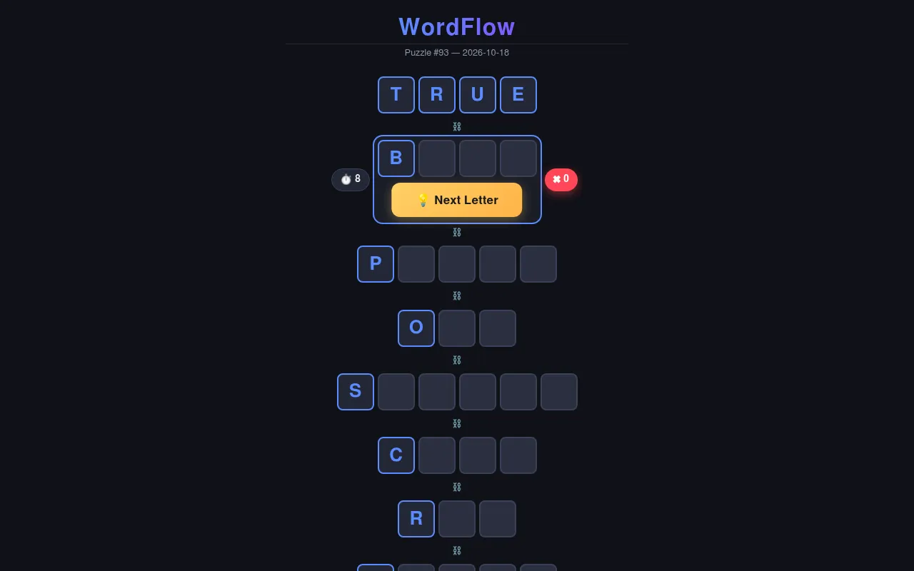 WordFlow Puzzle #93 for 2026-10-18 at the start: the top word TRUE, then rows of empty tiles beginning B, P, O, S, C and R