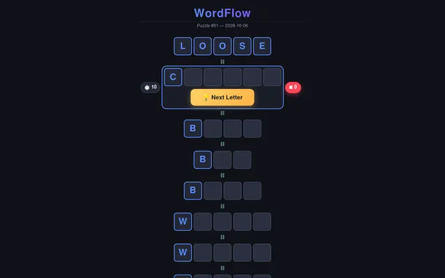 WordFlow Puzzle #81 for 2026-10-06: the top word LOOSE, then a chain of empty tile rows starting with C, B, B, B, W and W, with the timer and the Next Letter button