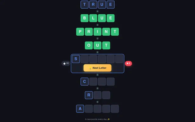 WordFlow Puzzle #93 in play: TRUE, BLUE, PRINT and OUT solved in green, the S row active with its 15-second timer, Next Letter button and zero strikes