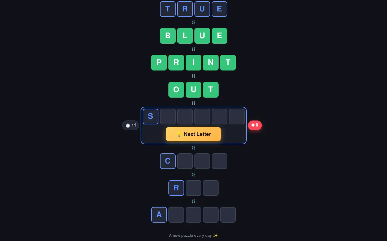 WordFlow Puzzle #93 in play: TRUE, BLUE, PRINT and OUT solved in green, the S row active with its 15-second timer, Next Letter button and zero strikes