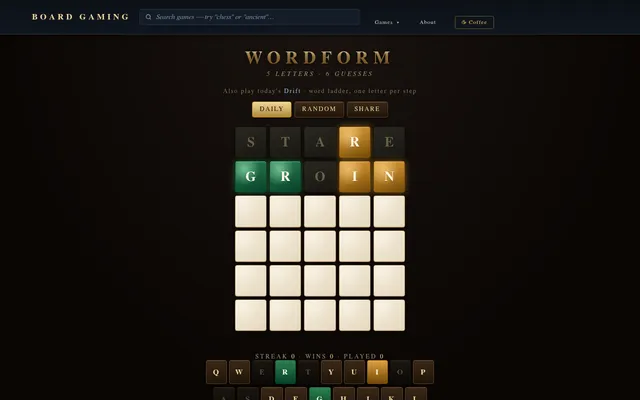 Today's Wordform board after two guesses, STARE with a gold R and GROIN with green G and R and gold I and N, above the letter keyboard