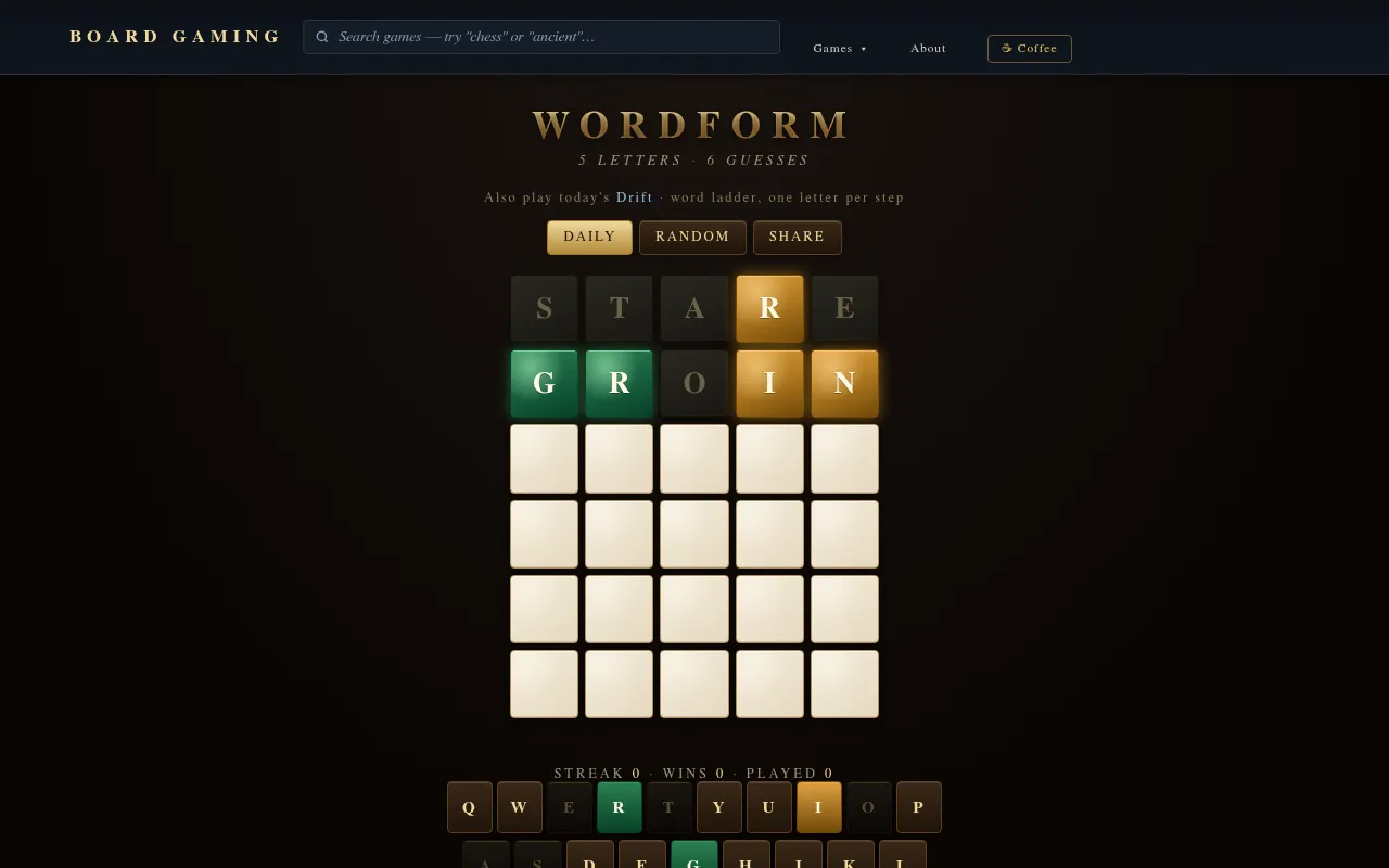 Today's Wordform board after two guesses, STARE with a gold R and GROIN with green G and R and gold I and N, above the letter keyboard