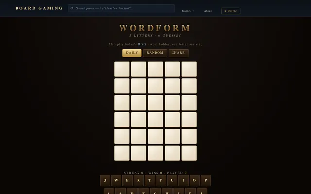 The Wordform board: an empty six-row grid of five cream tiles under Daily, Random and Share buttons, with the keyboard below