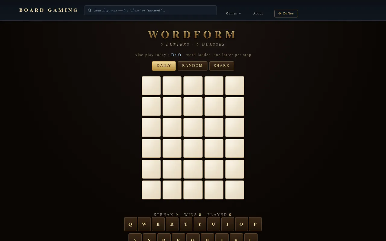 The Wordform board: an empty six-row grid of five cream tiles under Daily, Random and Share buttons, with the keyboard below