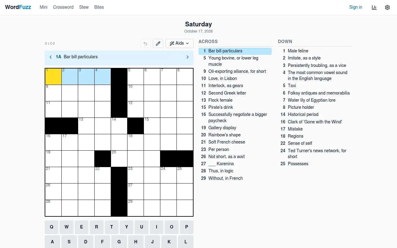 The WordFuzz crossword for Saturday 17 October 2026: a 9x9 grid beside its across and down clues