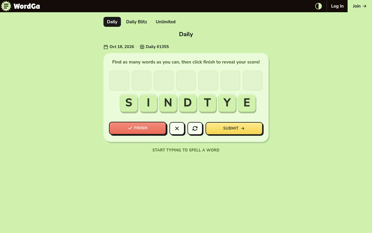 WordGa Daily #1355 for 18 October 2026: the seven letters S I N D T Y E with Finish, shuffle and Submit buttons