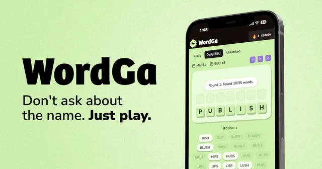 WordGa on a phone: a Daily Blitz round with the letters PUBLISH and a list of found words