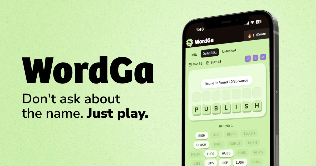 WordGa on a phone: a Daily Blitz round with the letters PUBLISH and a list of found words