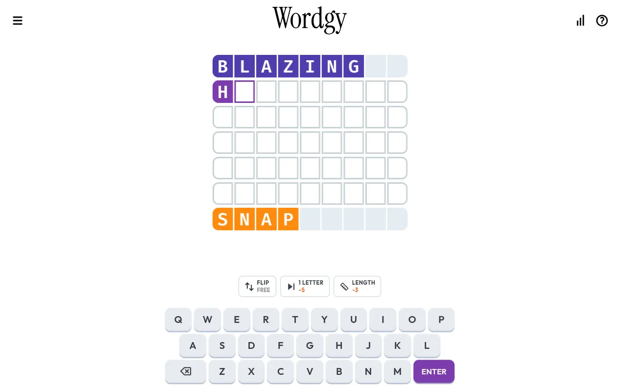Wordgy puzzle #519 on a desktop: the chain starts at BLAZING and ends at SNAP, with H given on the second row, five rows to fill and the Flip, 1 Letter and Length tools