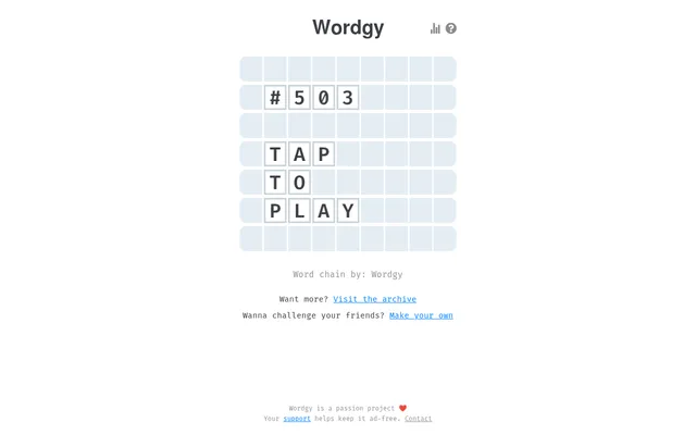 Wordgy start screen for puzzle #503: the game's letter grid spelling #503 and TAP TO PLAY, with links to the archive and to make your own chain