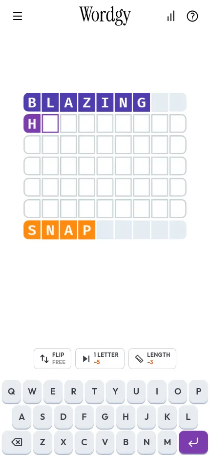 Wordgy puzzle #519 on a phone: BLAZING at the top, SNAP at the bottom, five blank rows between and the on-screen keyboard