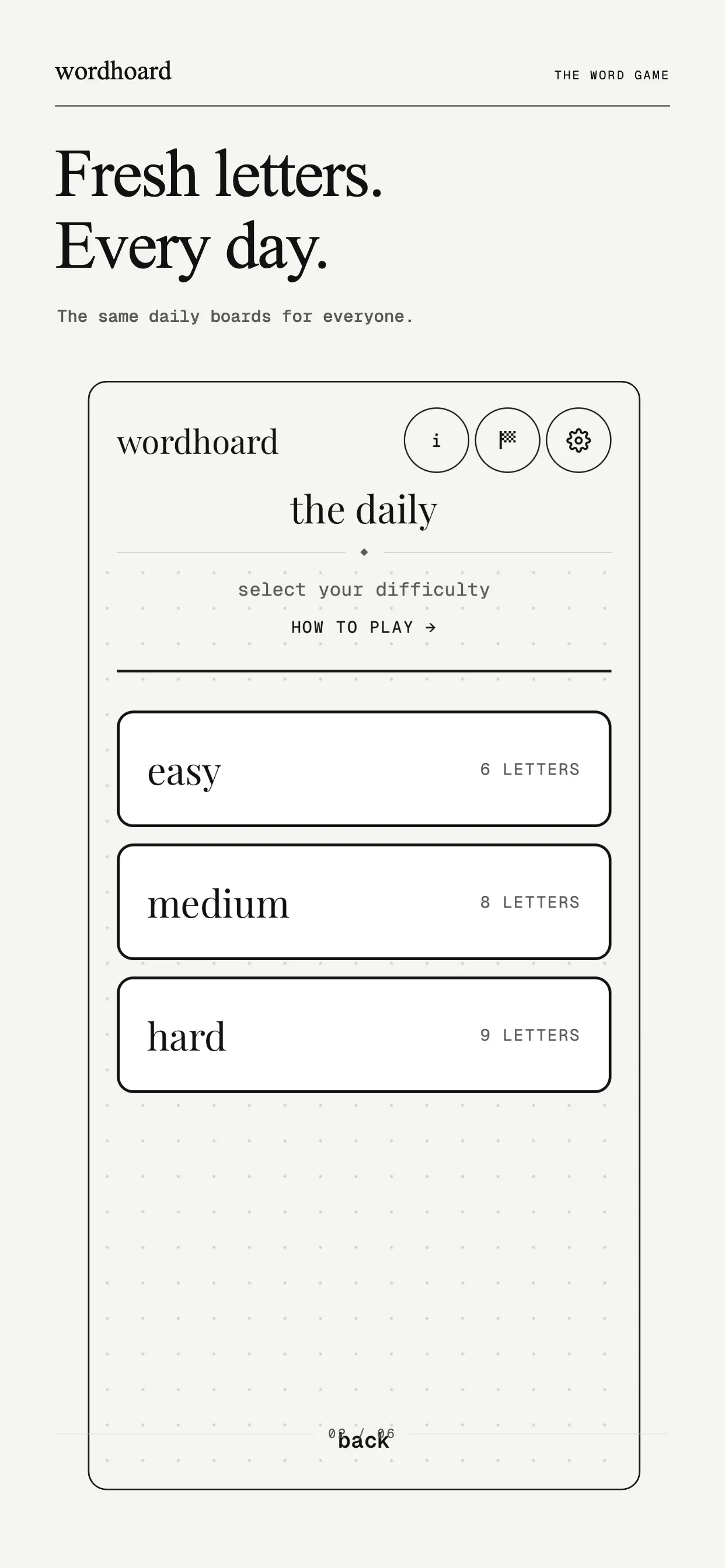 Wordhoard's Daily menu with easy, medium and hard boards of 6, 8 and 9 letters