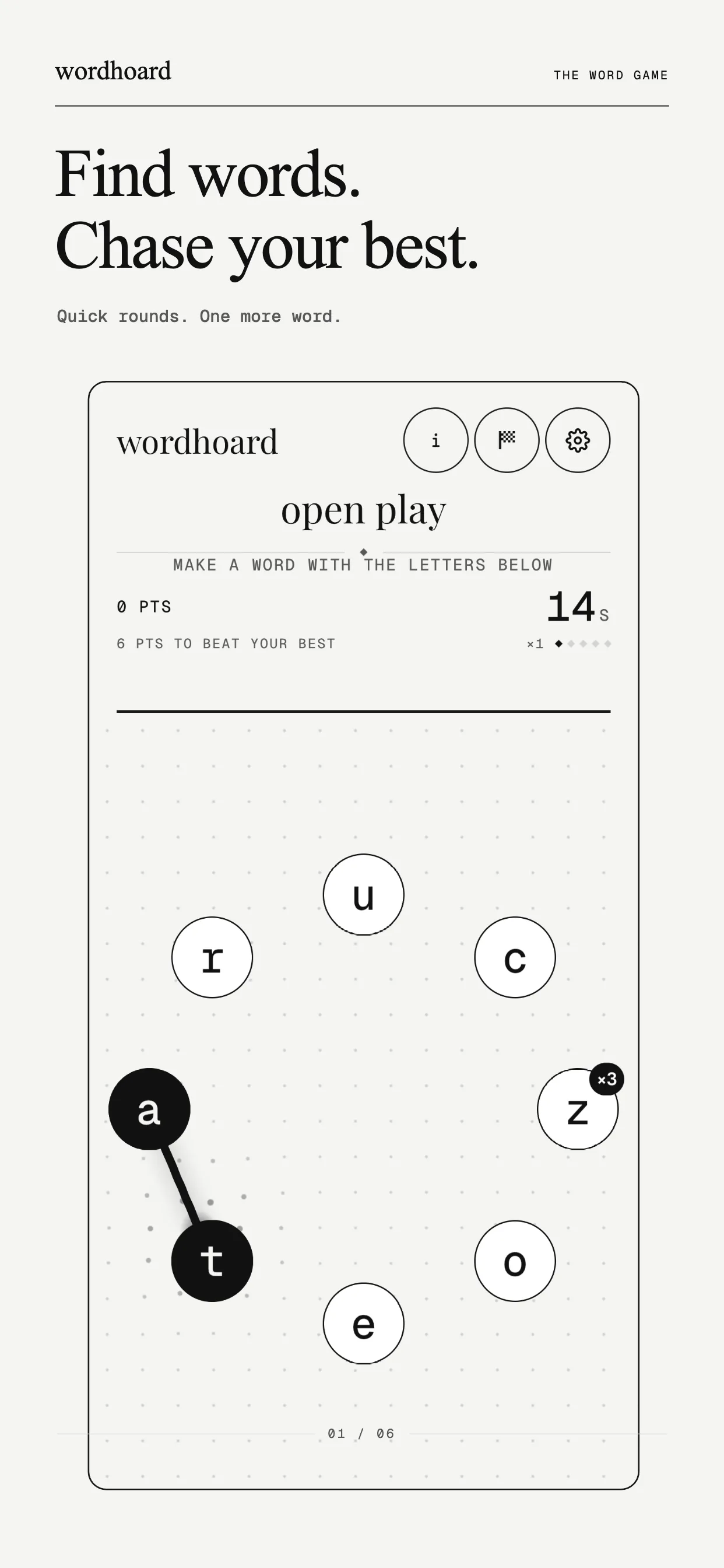A Wordhoard board: a ring of letters with a word being swiped, a 14-second clock and the score