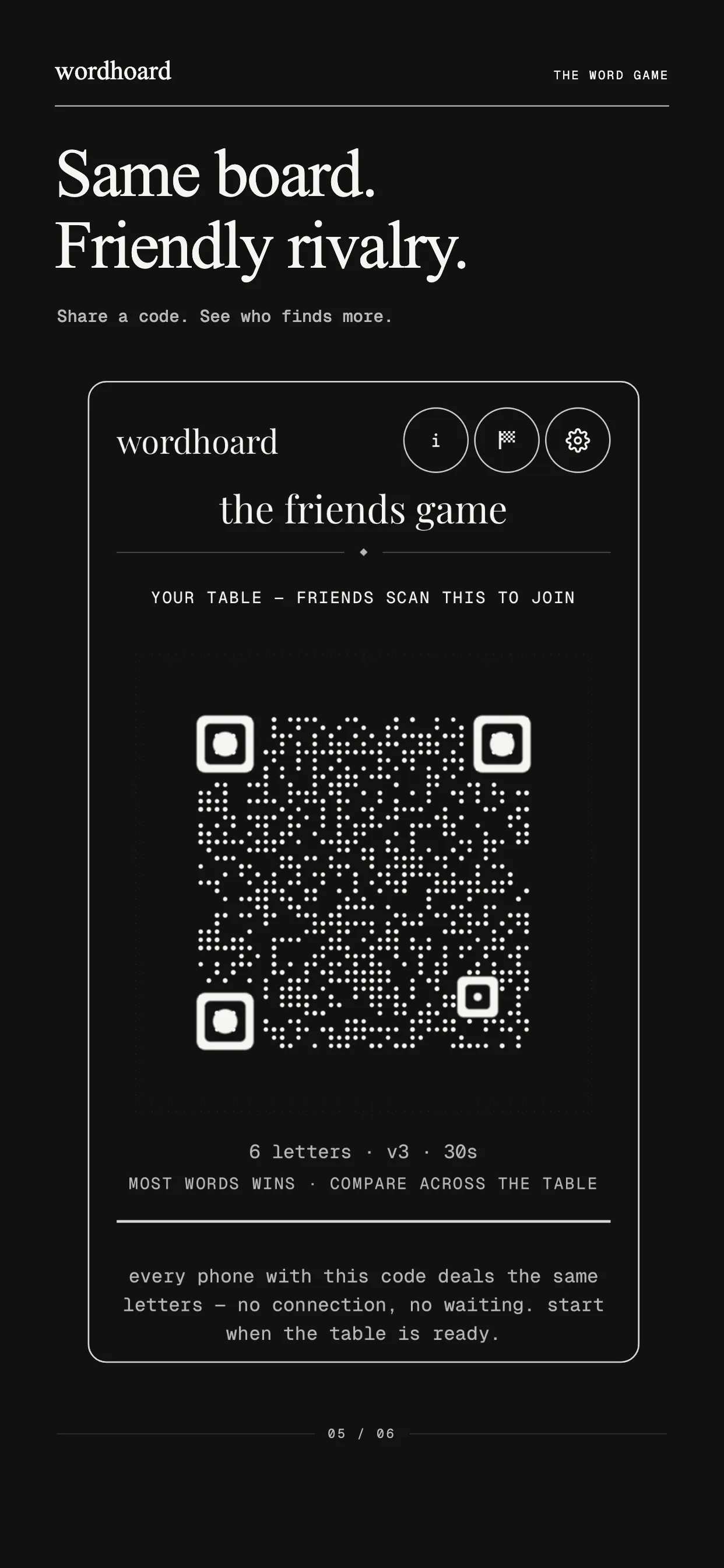 Wordhoard's friends game showing a QR code that other phones scan to get the same letters