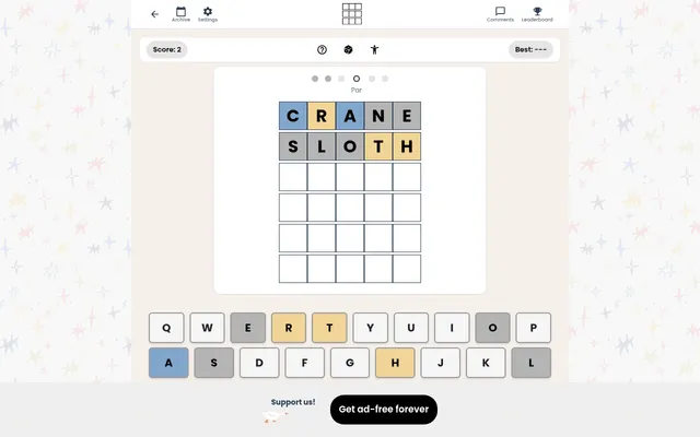 Wordie's daily board on a desktop with two guesses, CRANE and SLOTH, their letters coloured, par dots and a score of 2 above, and the coloured keyboard below